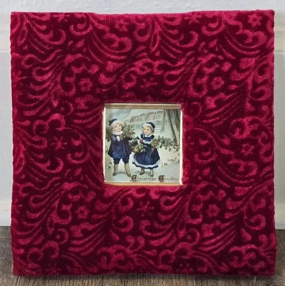 Beautiful Deep Red Plush Velvet Frame with Antique Christmas Postcard